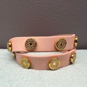 Pink Genuine Leather Bracelet with Gold Accents